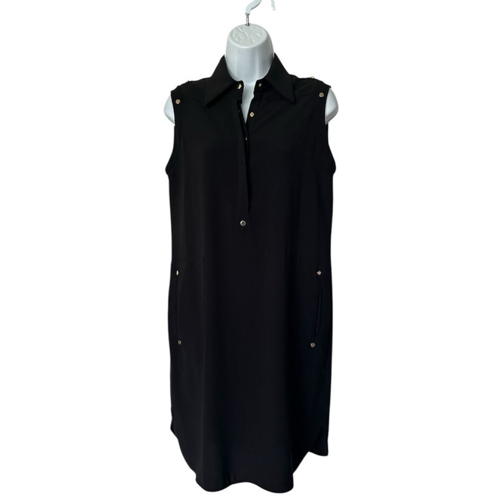 Cache Black Sleeveless Shift Dress Gold Studs Pockets Excellent Size M